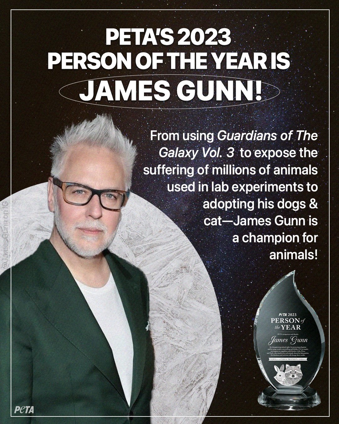 PETA has named James Gunn its Person of the Year
