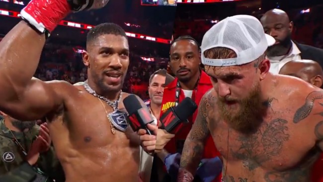 Het moment waarop Jake Paul voor het eerst in zijn carrière wordt neergehaald door Anthony Joshua