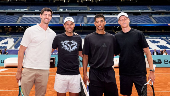 Nadal, Sinner, Bellingham en Courtois slaan de handen ineen voor een vriendschappelijke tennisrally in het Bernabéu