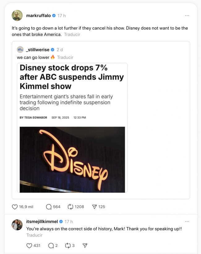 Mark Ruffalo steunt Jimmy Kimmel na ABC-schorsing