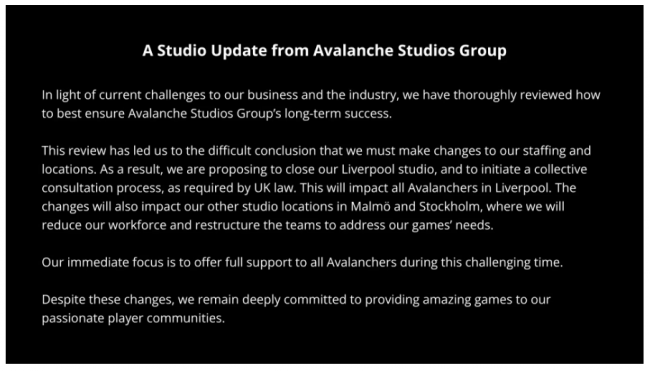 Avalanche Studios sluit kantoor in Liverpool en schrapt personeel in Zweden